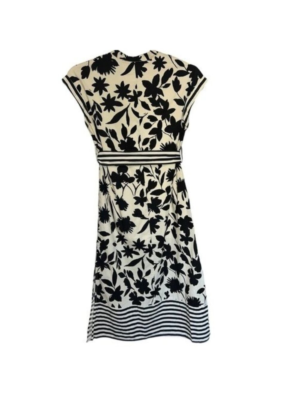 Zoe & Claire Midi Dress Womens M Black Cream Floral Striped Tie Waist - Picture 3 of 14
